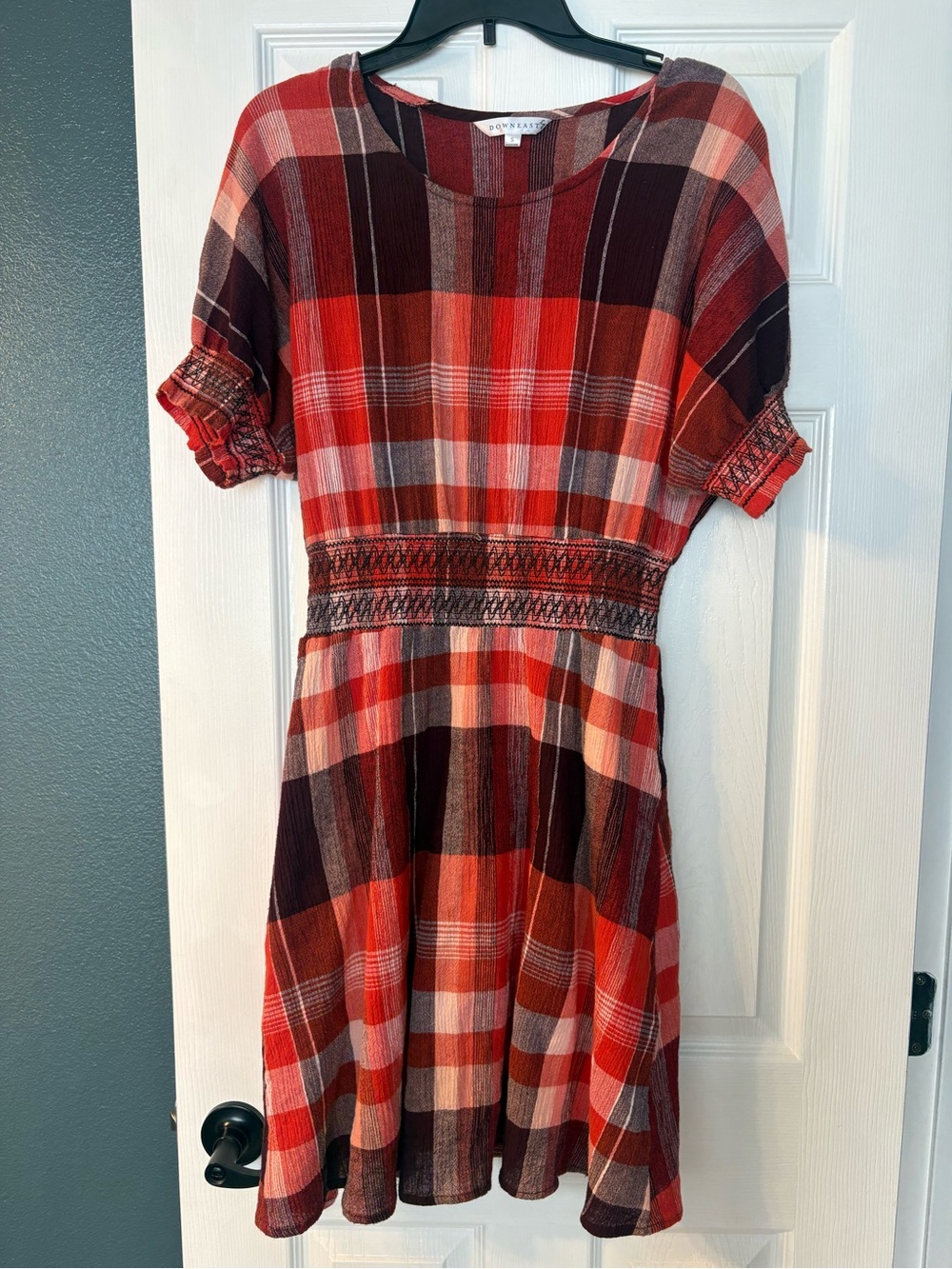 Down East Plaid Short Sleeve Vintage Smocked Waist Dress in Red and Burgundy